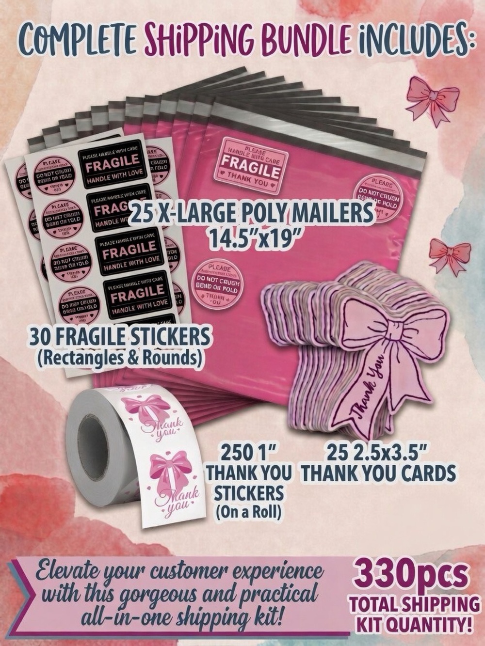 330pcs Bundle 25 XL Poly Mailers, 25 Cards, 30 Fragile & 250 Thank You Stickers
